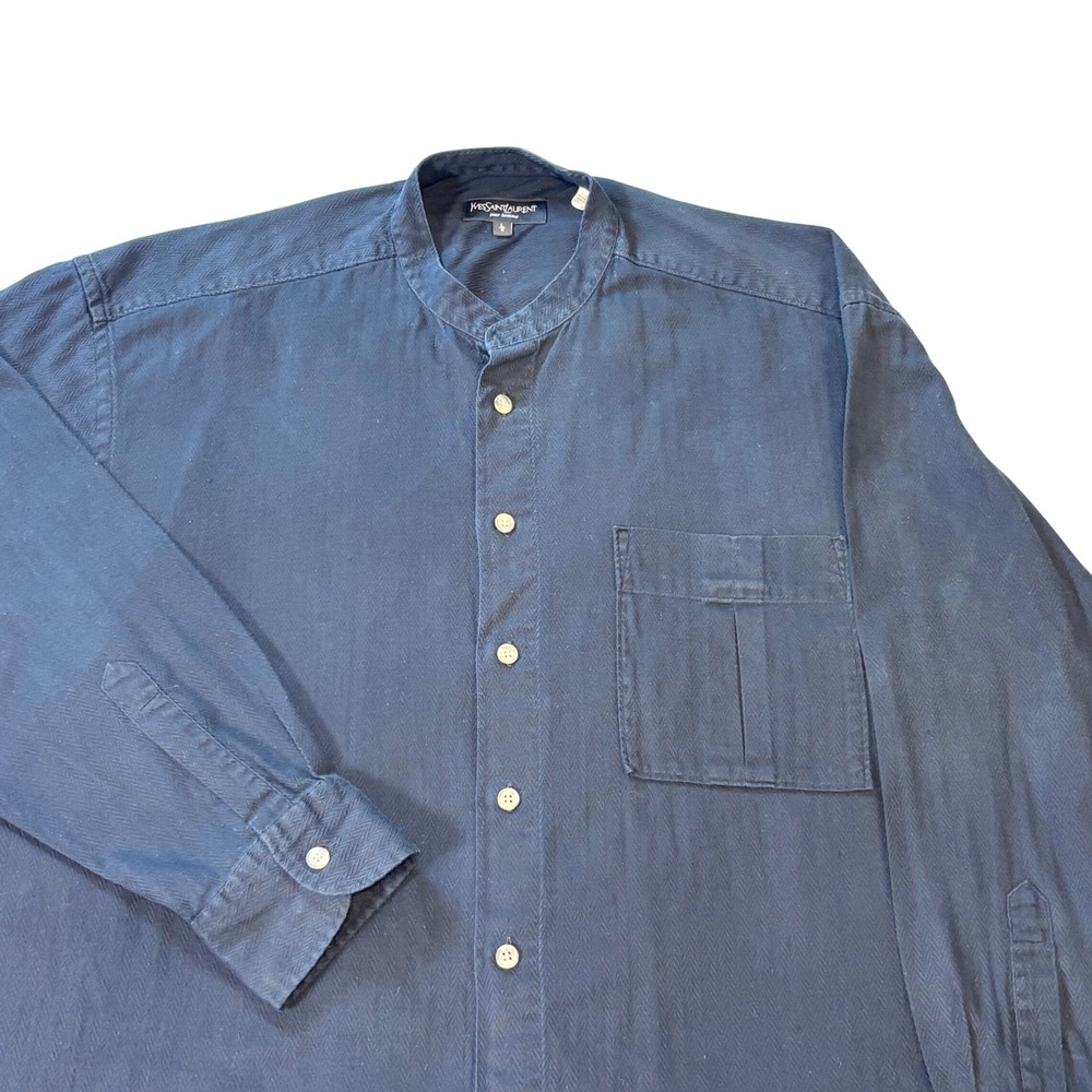 Vtg Yves Saint Laurent button up shirt grandad Mandarin Collar mens large black